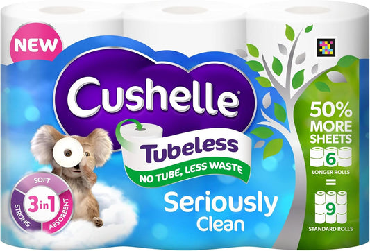 Cushelle Tubeless 2-Ply Toilet Rolls 50% Longer Rolls (Pack of 6=9)