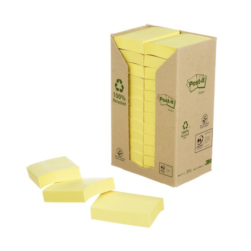 Post-it Recycled Notes 38x51mm 100 Sheets Cardboard Packaging Canary Yellow (Pack of 24) 653-1T
