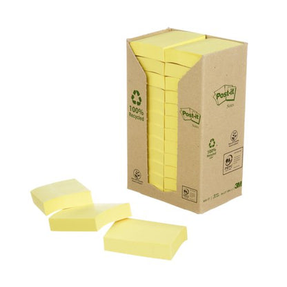 Post-it Recycled Notes 38x51mm 100 Sheets Cardboard Packaging Canary Yellow (Pack of 24) 653-1T