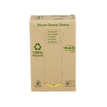 Post-it Recycled Notes 38x51mm 100 Sheets Cardboard Packaging Canary Yellow (Pack of 24) 653-1T