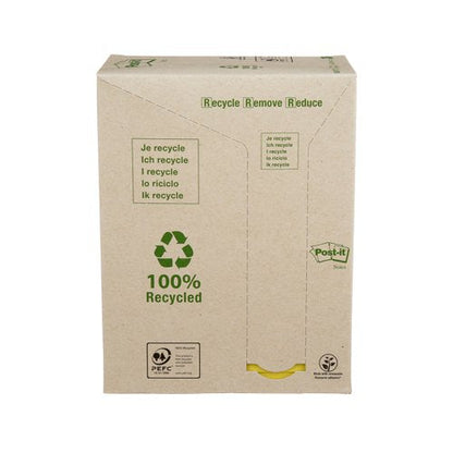 Post-it Recycled Notes 76x127mm 100 Sheets Cardboard Packaging Canary Yellow (Pack of 16) 655-1T
