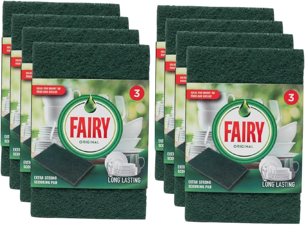 Addis Fairy Original Extra Strong Scourer Pads, 8 Packs of 3, Green 24 Pads