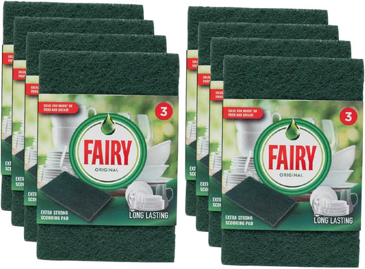 Addis Fairy Original Extra Strong Scourer Pads, 8 Packs of 3, Green 24 Pads