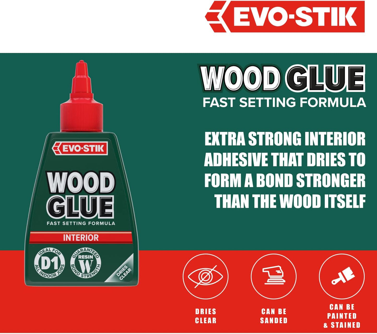 EVO-STIK Wood Glue | Interior | Extra Strong | Fast Setting | Dries Clear | 1 x 250ml