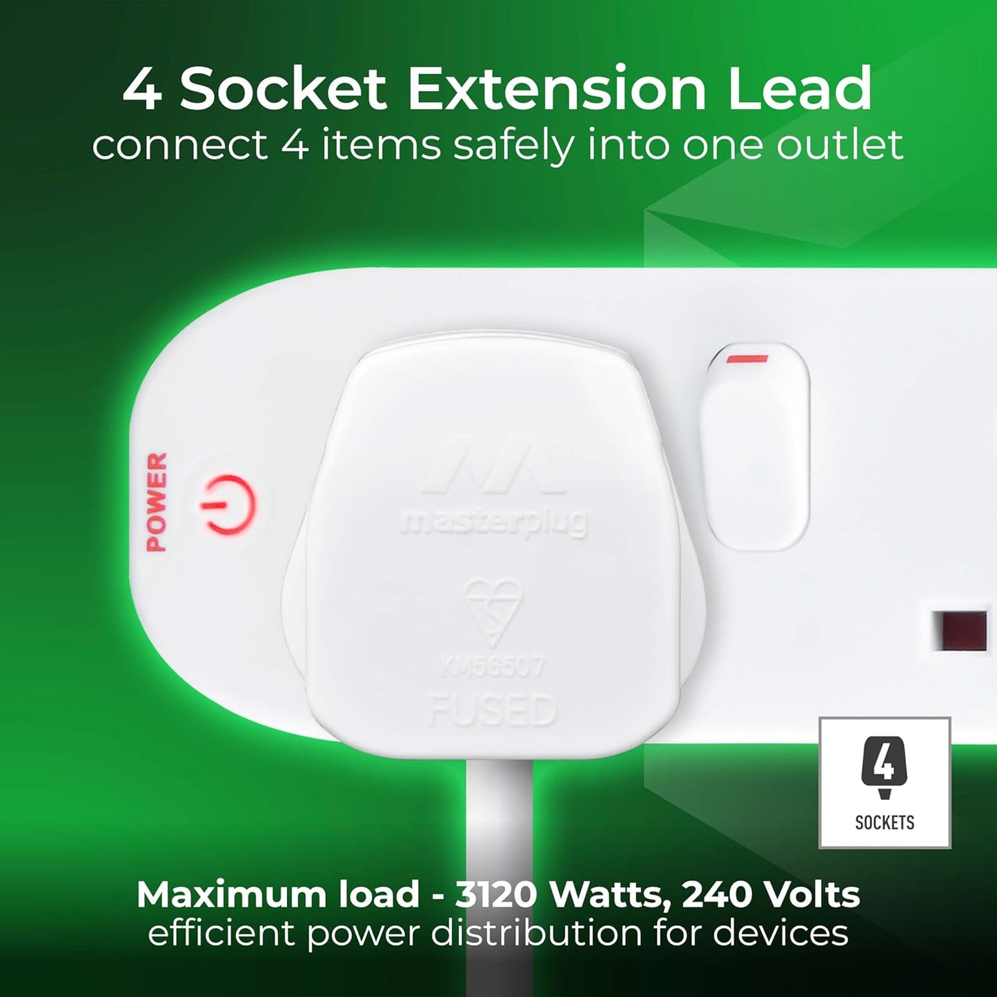 Masterplug Four Socket Extension With Individual Switches, 2 Metres, White