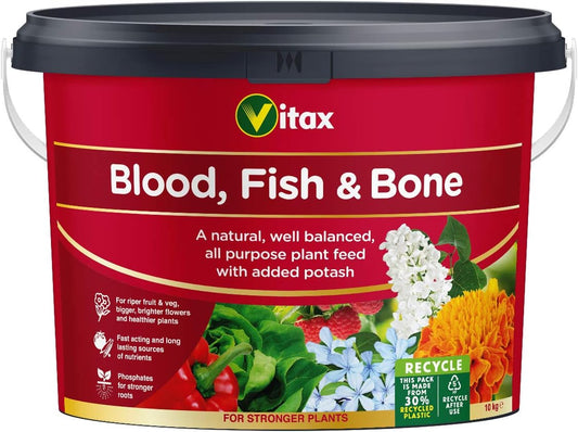 Vitax Blood Fish & Bone Fertiliser| AllYear Around Continuous Nutrition | 10kg Resealable Tub