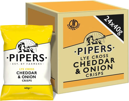 Pipers Gluten-Free Lye Cross Cheddar & Onion Vegetarian Crisps Multi-Pack | 24 x 40g