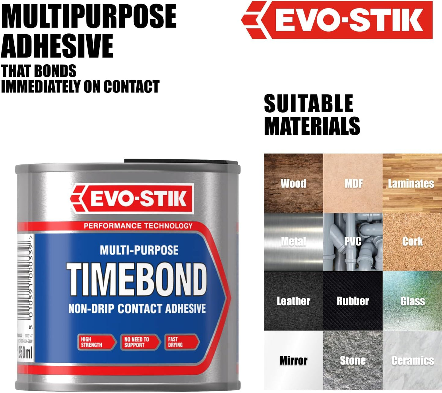 Evo-Stik Timebond Contact Adhesive, High-Strength, Non-Drip, Multipurpose, 250Ml