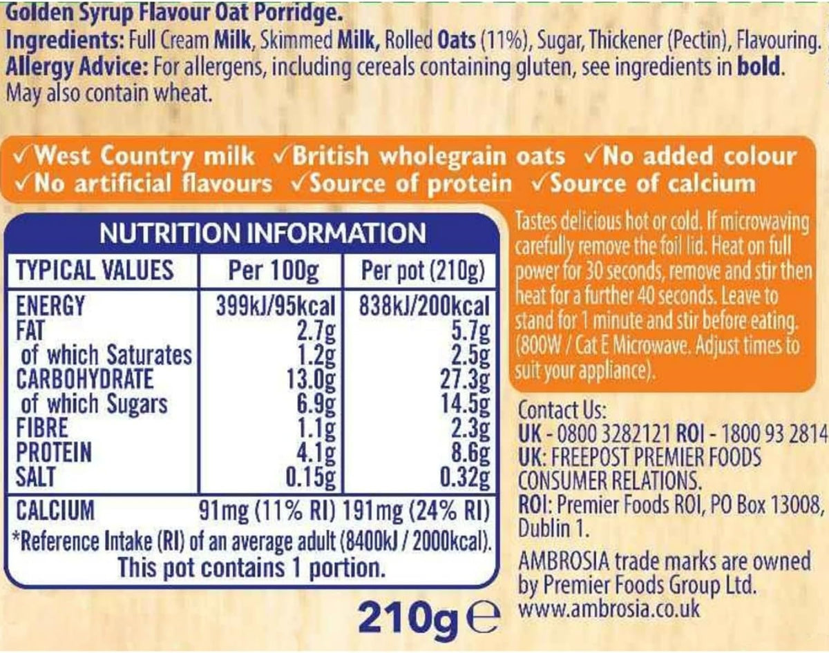 Ambrosia Low Fat Porridge Pots, Ready-to-Eat Golden Syrup | 6 x 210g