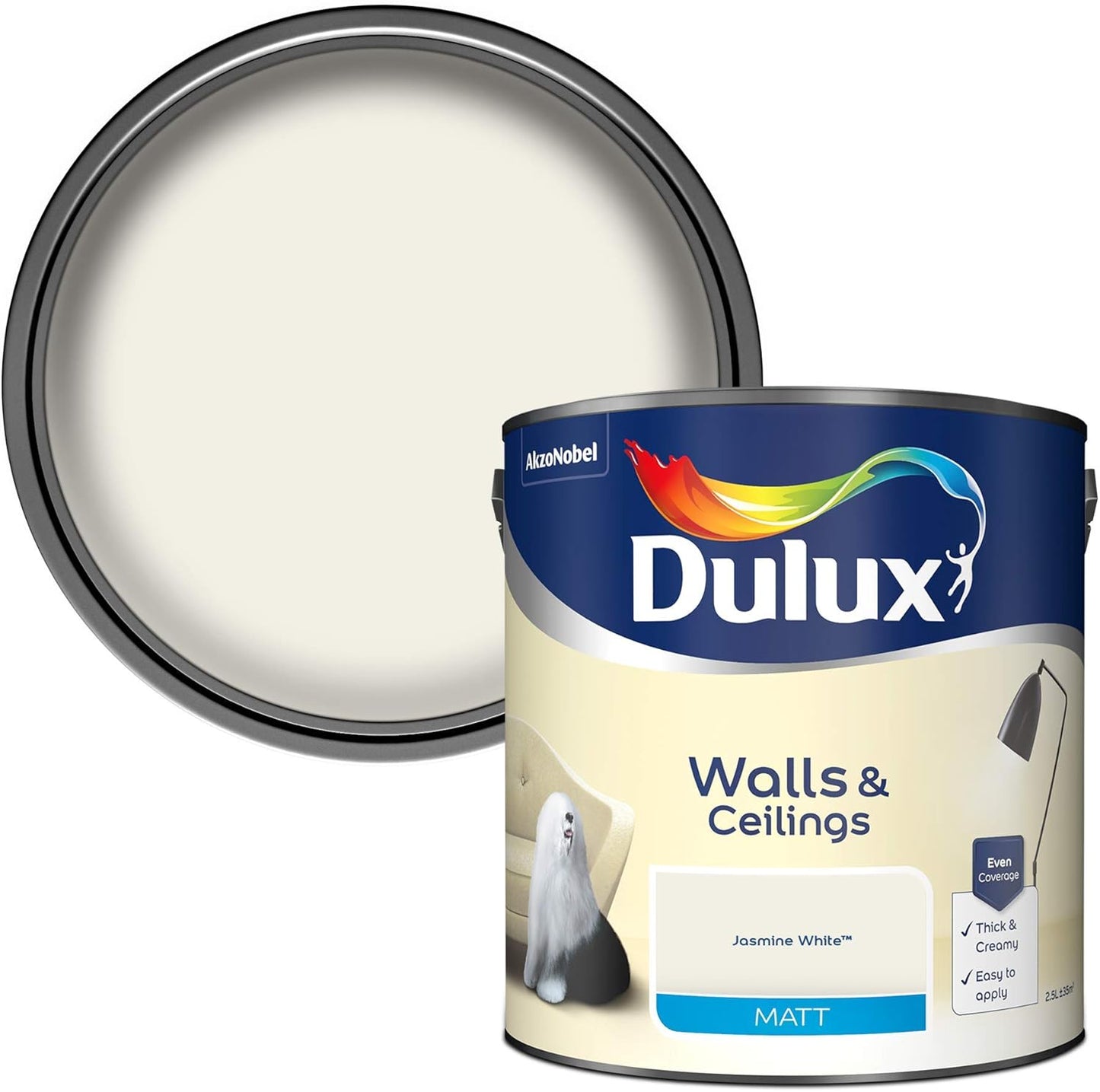 Dulux Matt Emulsion Paint For Walls And Ceilings - Jasmine White 2.5 Litres
