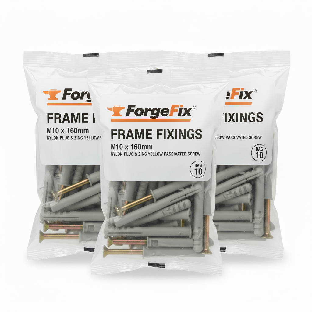 ForgeFix Frame Fixings | M10 x 160mm | Nylon Plug, Zinc Yellow Passivated Screw | Bag 30