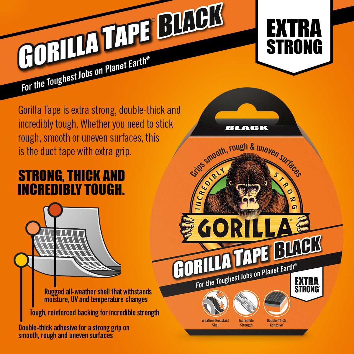 Gorilla Tape Black | Extra Strong | Water resistant | 11m Length