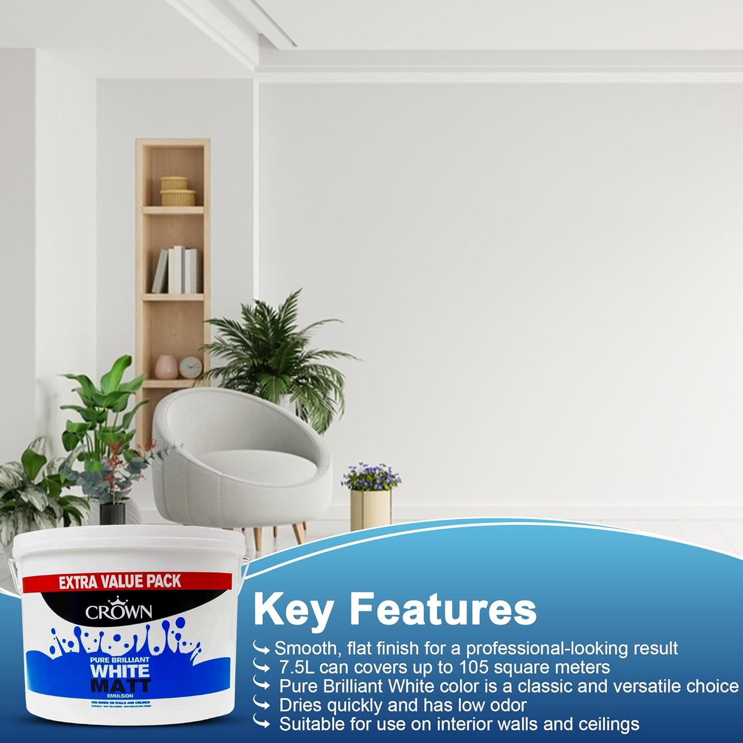 CROWN Matt Emulsion Paint 7.5L Pure Brilliant White