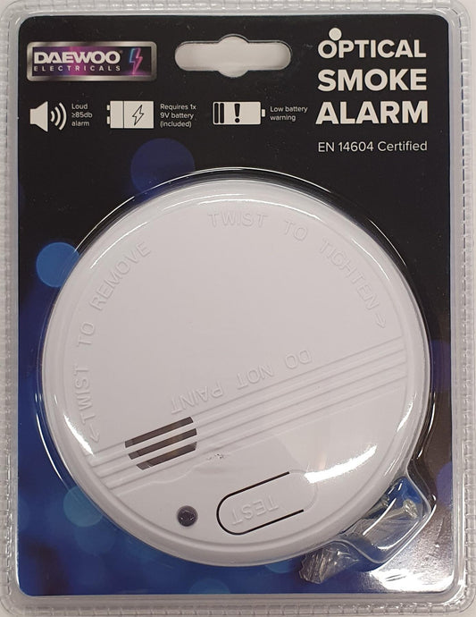 Daewoo Optical Smoke Alarm | Code ELA1159 | 9V Battery {Supplied} | Loud 85db Alarm