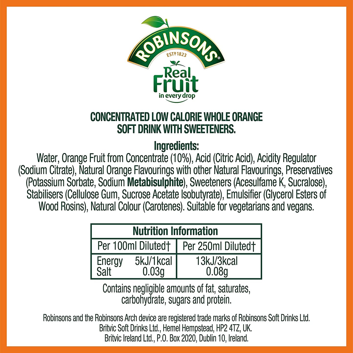 Robinsons Orange Squash No Added Sugar 1 Litre 4113