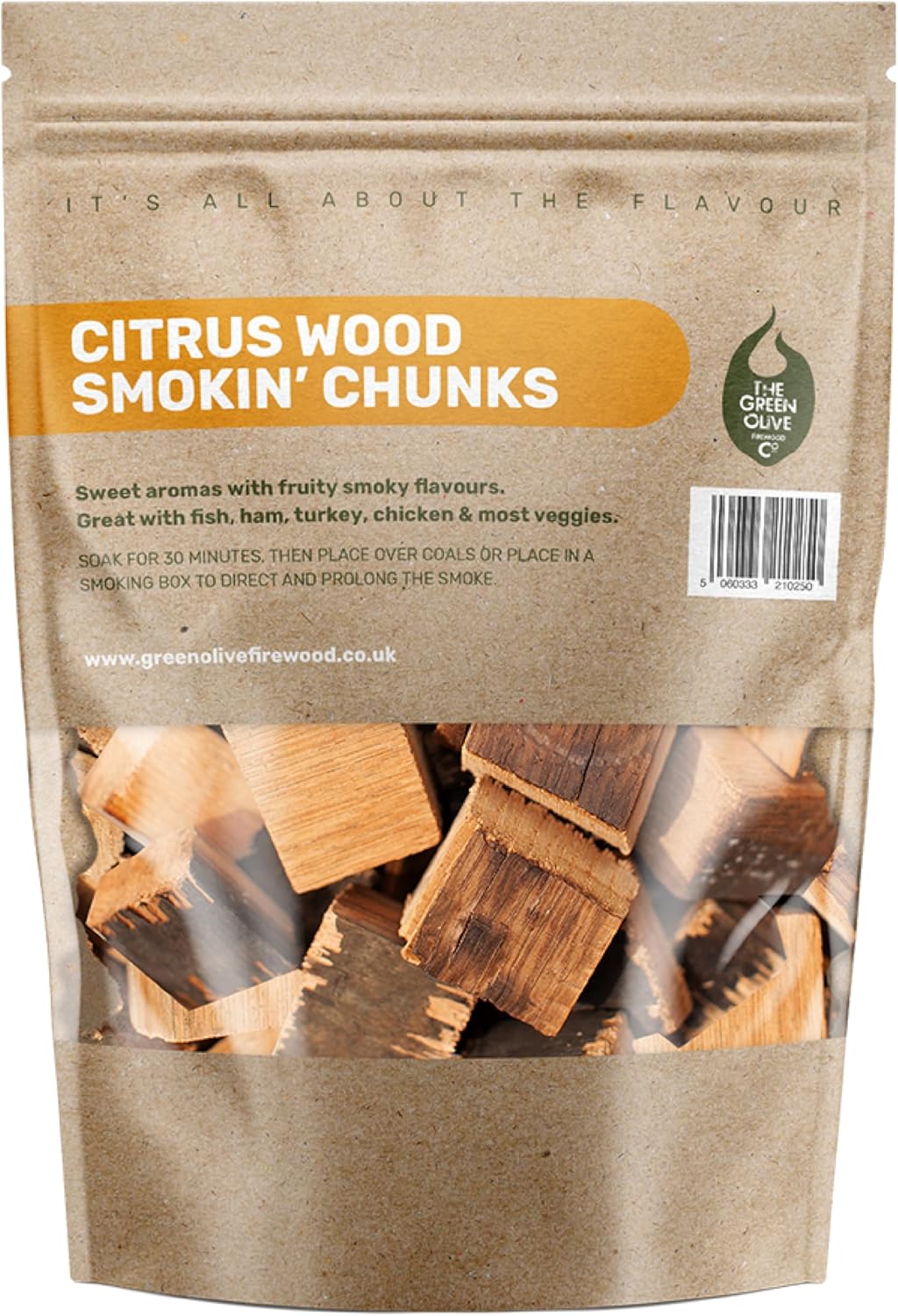 Green Olive Firewood Company - Orange, Lemon, Lime - Wood Chunks Blend for Smoking, 5L