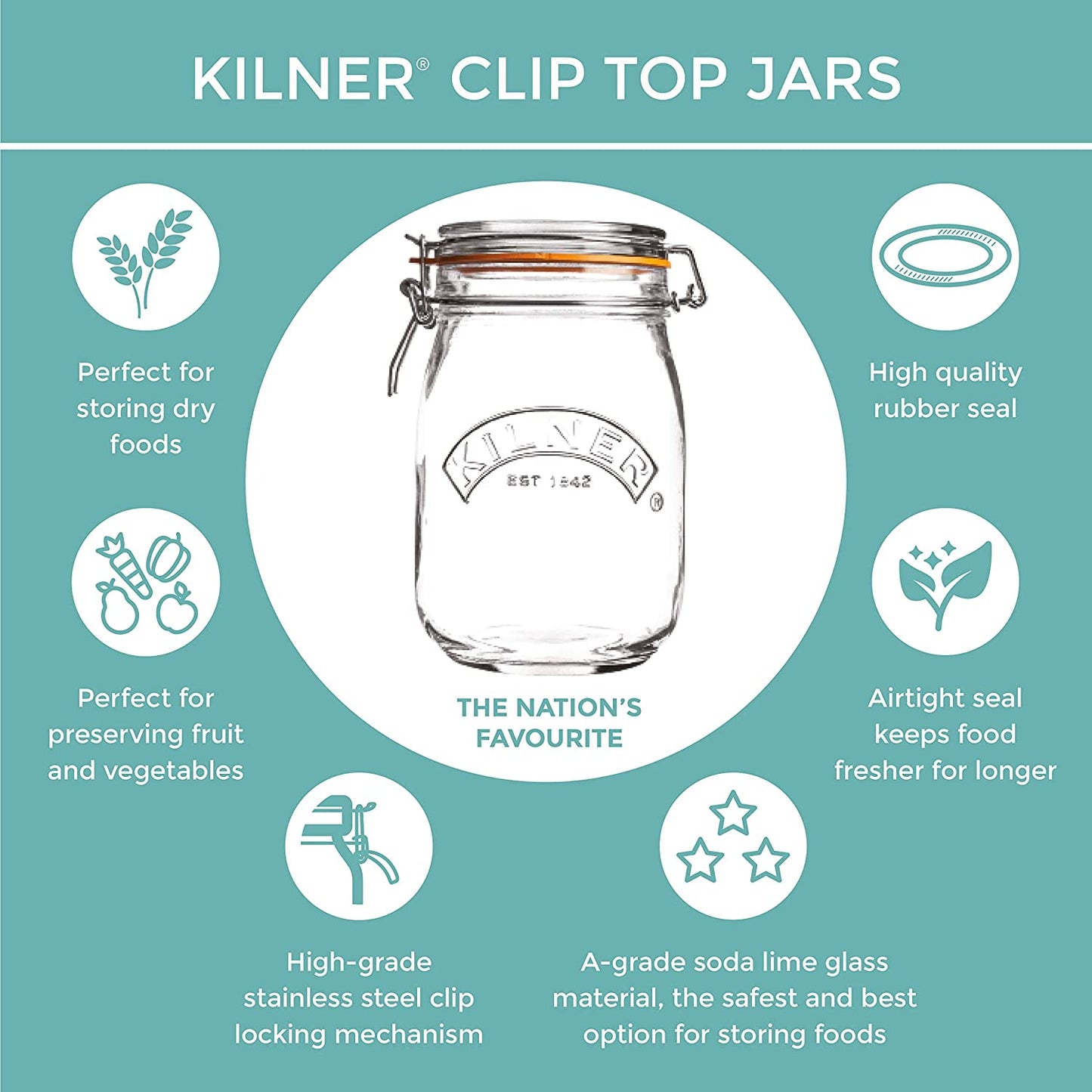 Kilner 2 Litre Square Glass Clip Top Preservation Storage Jar (0025.513)