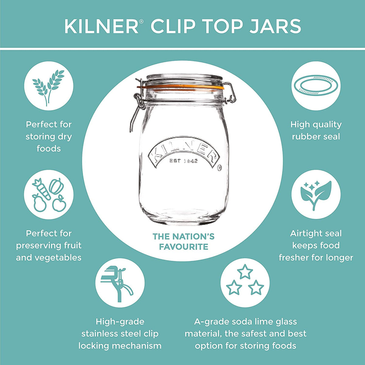 Kilner 1 Litre Square Glass Clip Top Preservation Storage Jar - UK BUSINESS SUPPLIES