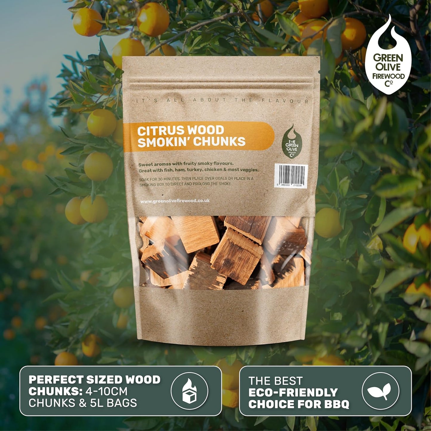 Green Olive Firewood Company - Orange, Lemon, Lime - Wood Chunks Blend for Smoking, 5L