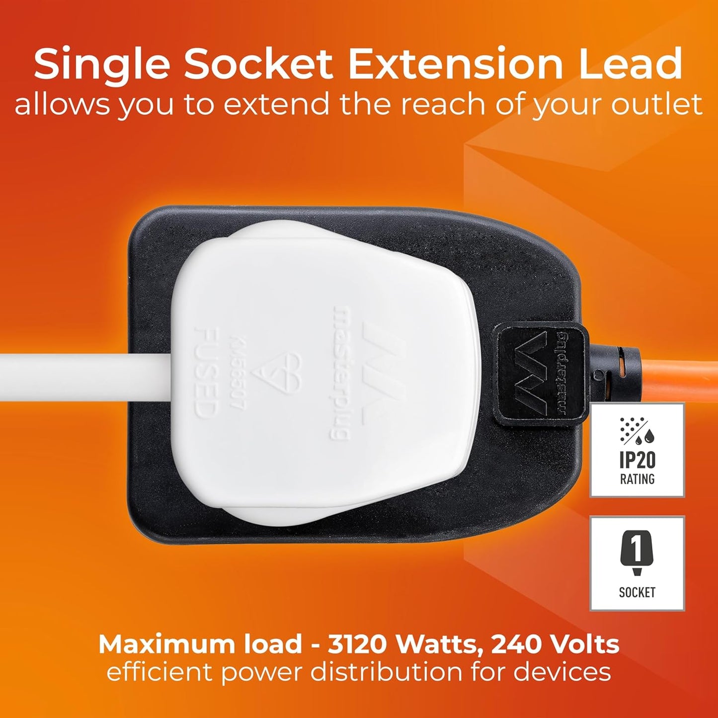 Masterplug Garden/Outdoor Extention Lead | 10 Metre | 1 Gang | Black