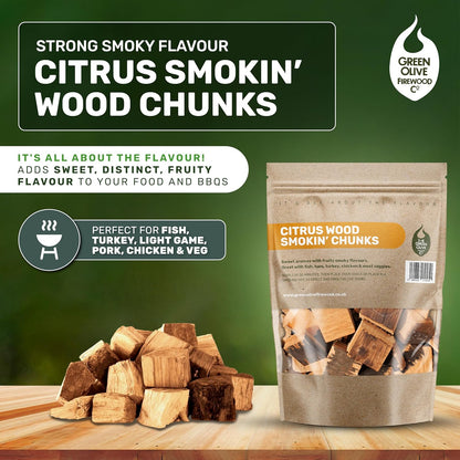 Green Olive Firewood Company - Orange, Lemon, Lime - Wood Chunks Blend for Smoking, 5L