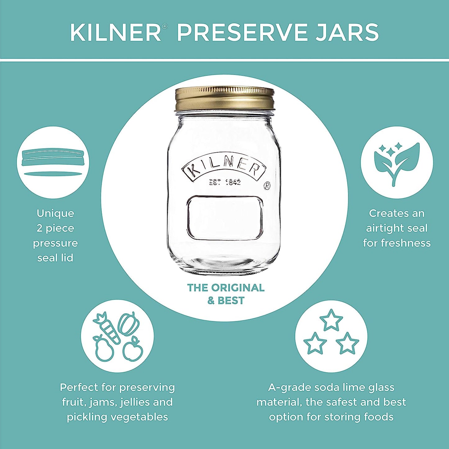 Kilner Wide Mouth Screw Top Lid Preserving Glass Jar 1.0 Litre Transparent (0025.067)