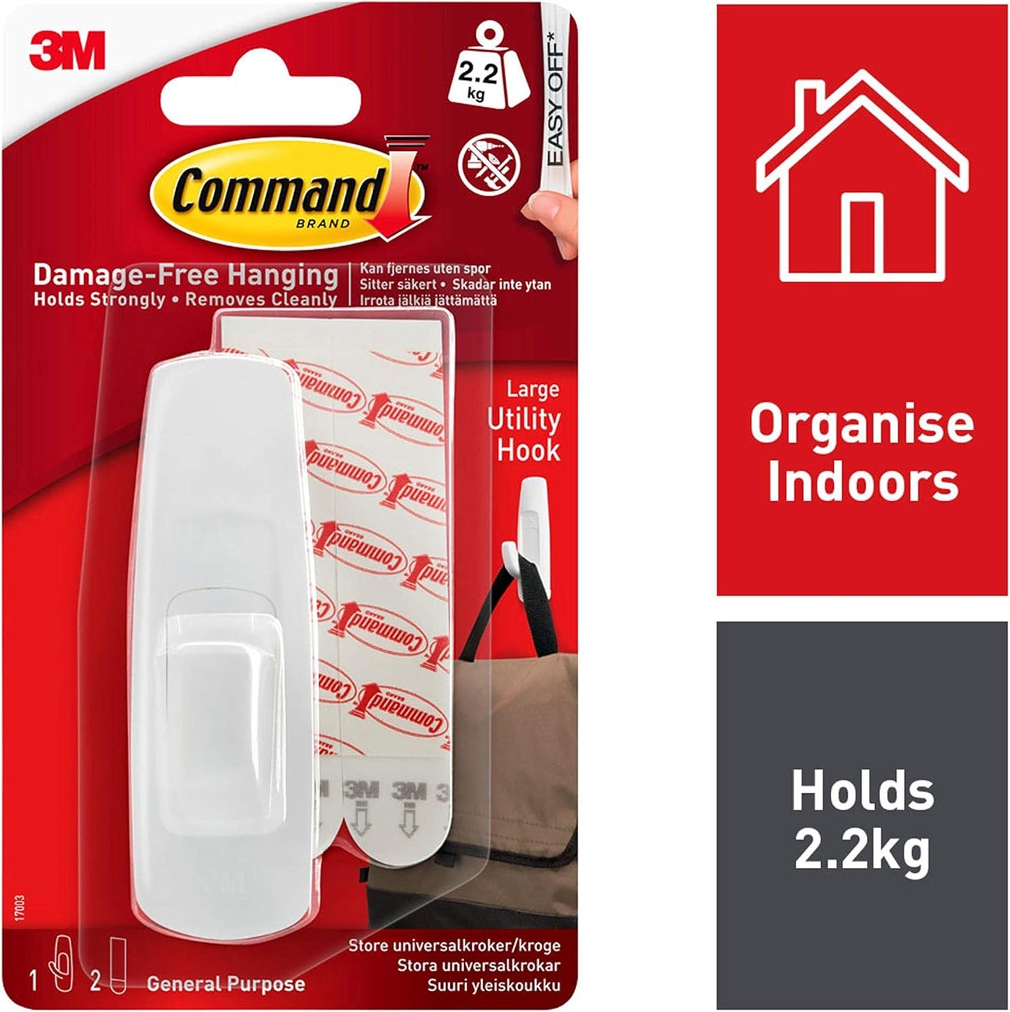 3M Command Large Utility Hook | Pack of 1 Hook & 2 Adhesive Strips | White | Holds up to 2.2kg