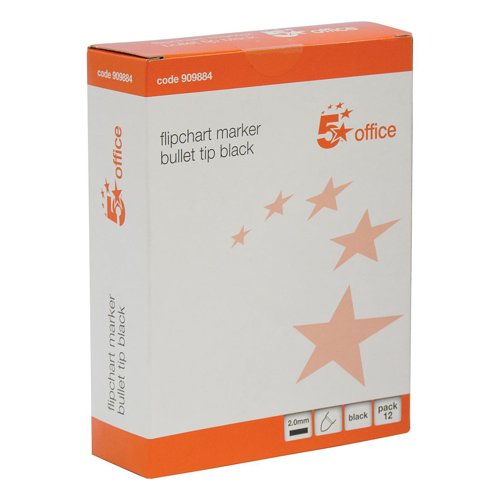5 Star Flipchart Marker Bullet Tip Water-based 2mm Line Black (Pack of 12) 909884