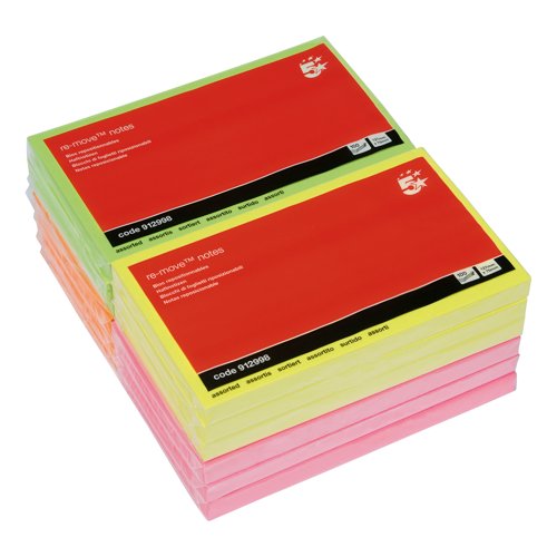 5 Star Re-Move Sticky Notes Repositionable 76x127mm Assorted Neon (Pack of 12) 912998