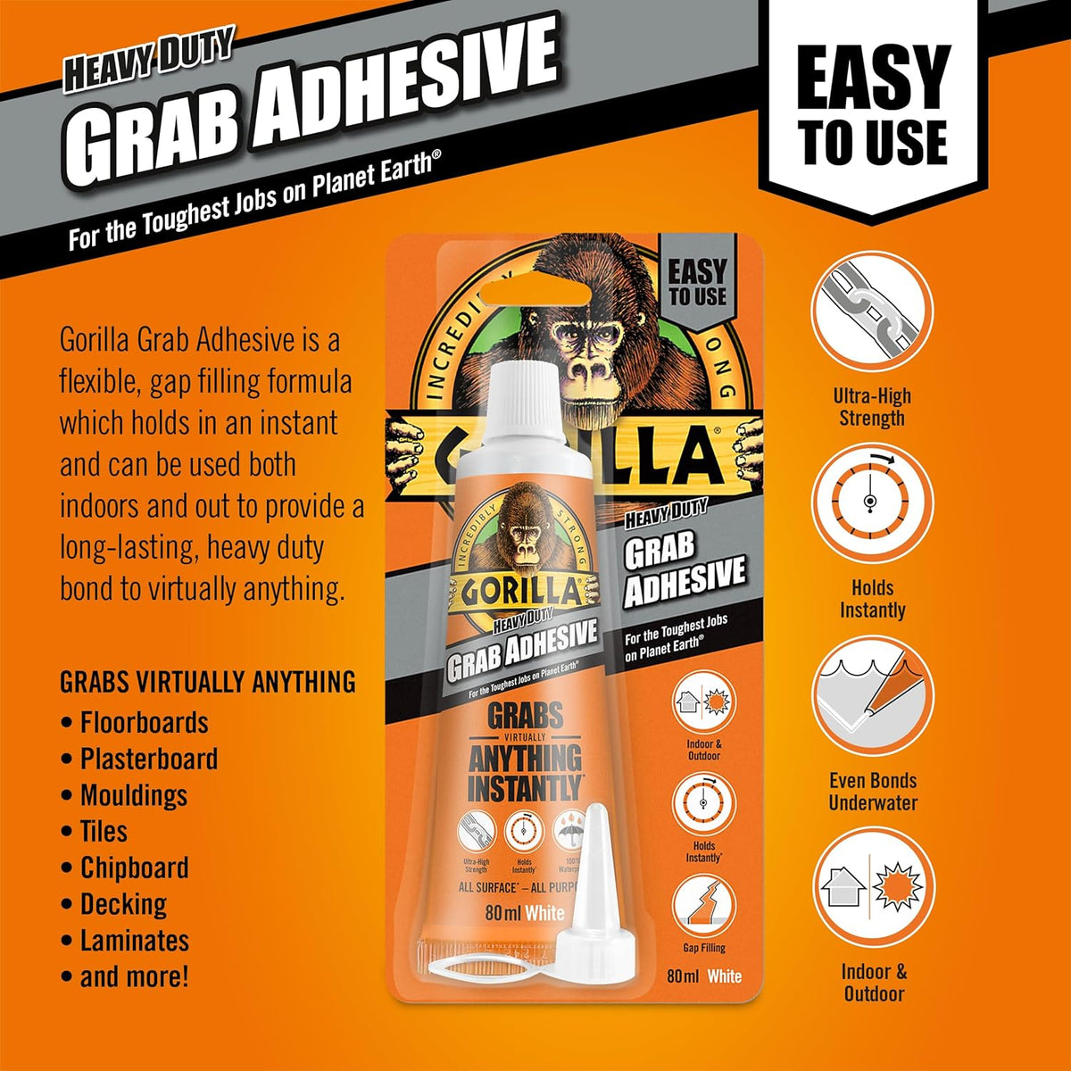 Gorilla Heavy Duty Grab Adhesive White | 1 x 80ml Blister Pack