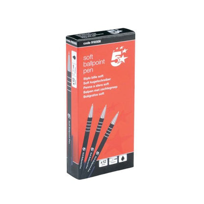5 Star Retractable Ball Pen Soft Grip Medium 1mm Tip 0.5mm Line Black (Pack of 12) 918508