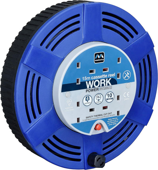 Masterplug Four Socket Cassette Cable Reel, 15 Metres, Blue