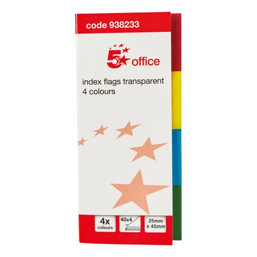 5 Star Index Page Marker Flag 25x45mm 40 Flags per Colour x4 Colours Transparent/Assorted 938233
