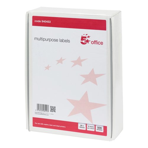 5 Star Multipurpose Labels Laser Copier Inkjet 99x34mm White (Pack of 8000) 940453