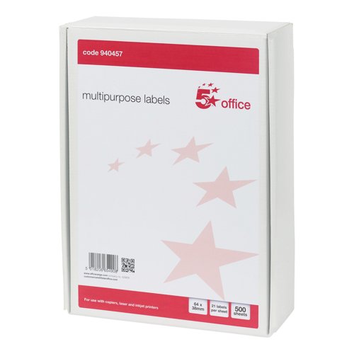 5 Star Multipurpose Labels Laser Copier Inkjet 64x38mm White (Pack of 10500) 940457