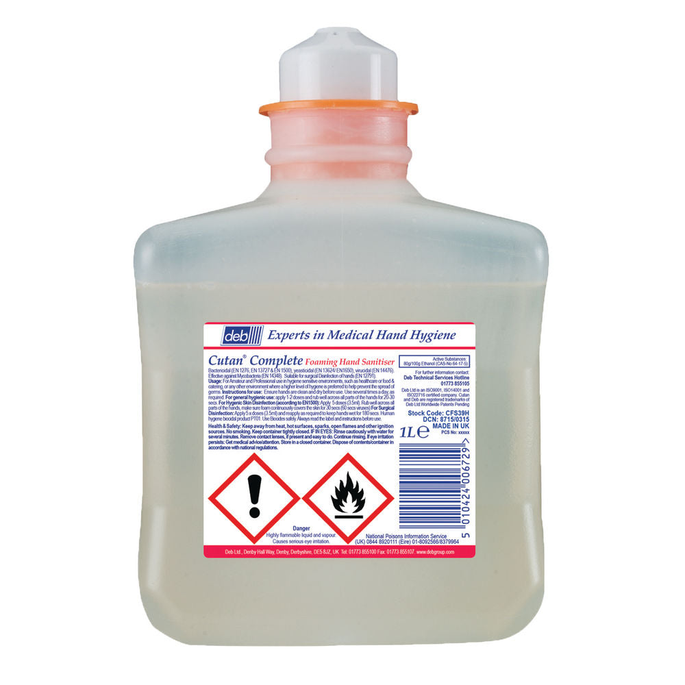 Deb Cutan Foaming Hand Sanitiser Cartridge 1 Litre {CFS39H}