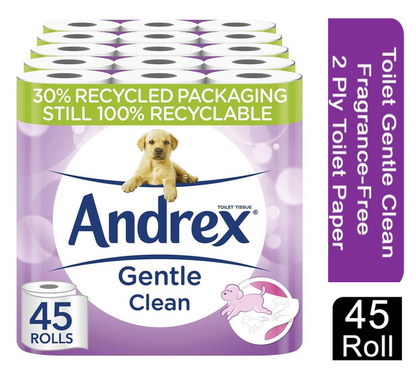 Andrex 2-Ply Toilet Roll Puppies On A Roll Clean & Gentle White (Pack of 9) *Pink*