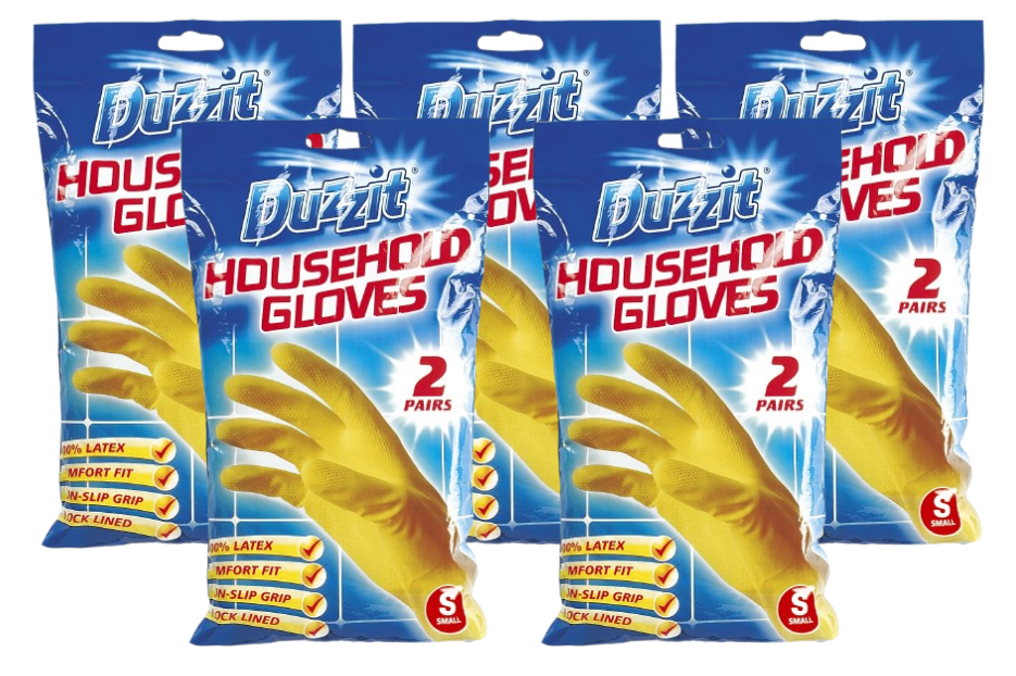 Duzzit Household Gloves | 100% Latex | Comfort Fit | Lined | 5 Packs Of 2 | Size Medium | Yellow