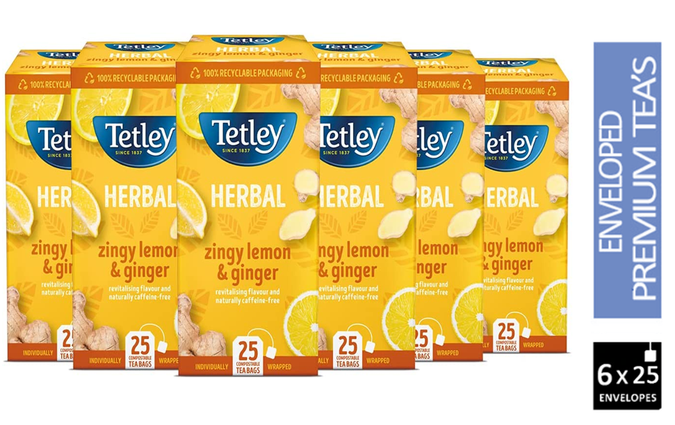 Tetley Herbal Zingy Lemon & Ginger Compostable, Wrapped Tea Bags 12 x 25's