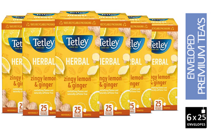 Tetley Herbal Zingy Lemon & Ginger Compostable, Wrapped Tea Bags 12 x 25's