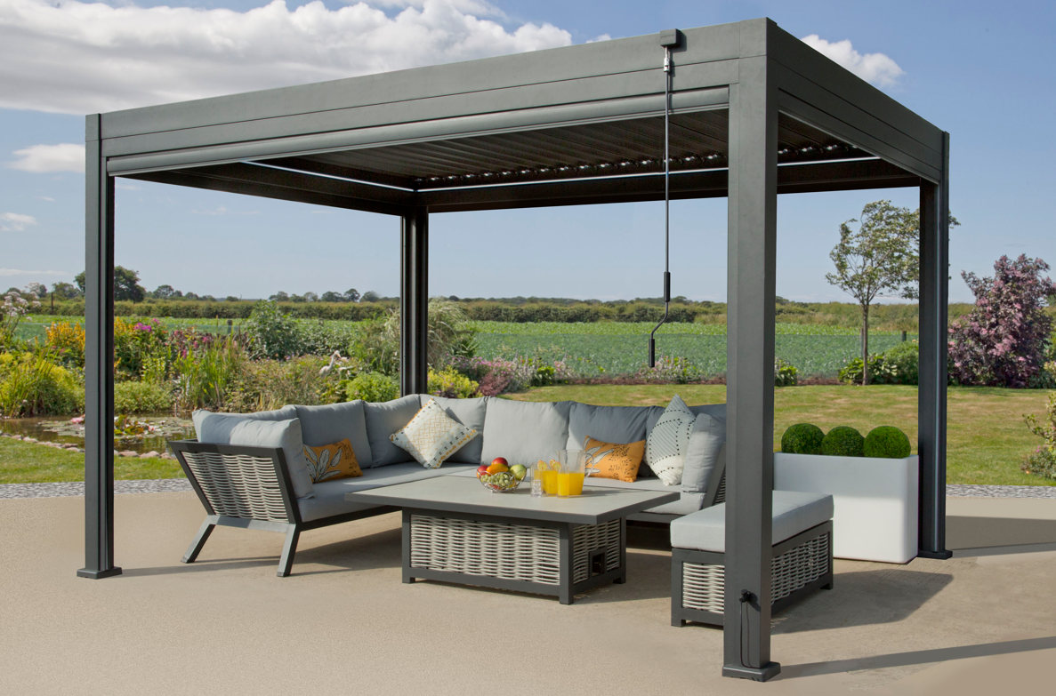 Aluminium Pergola, Louvered Roof, LED Lights & Windproof Sidewalls