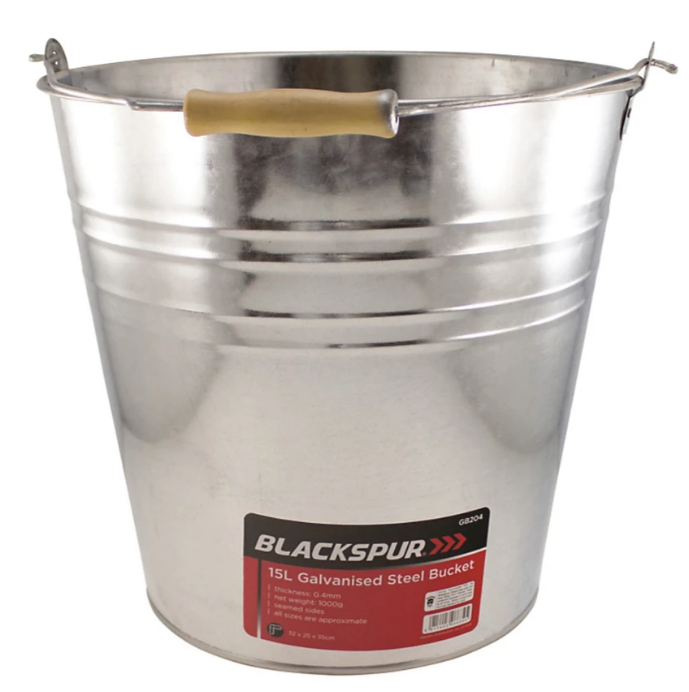 Fixtures Blackspur 15L Galvanised Steel Bucket | Large 15L Capacity | Wooden Handle