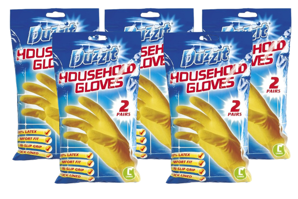 Duzzit Household Gloves | 100% Latex | Comfort Fit | Lined | 5 Packs Of 2 | Size Large | Yellow