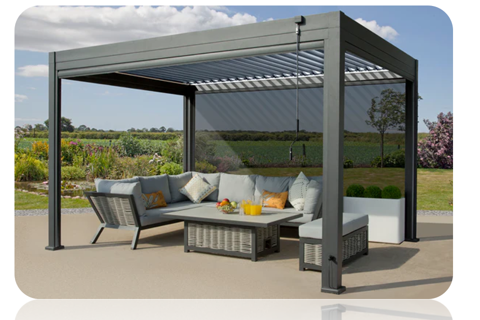 Aluminium Pergola, Louvered Roof, LED Lights & Windproof Sidewalls