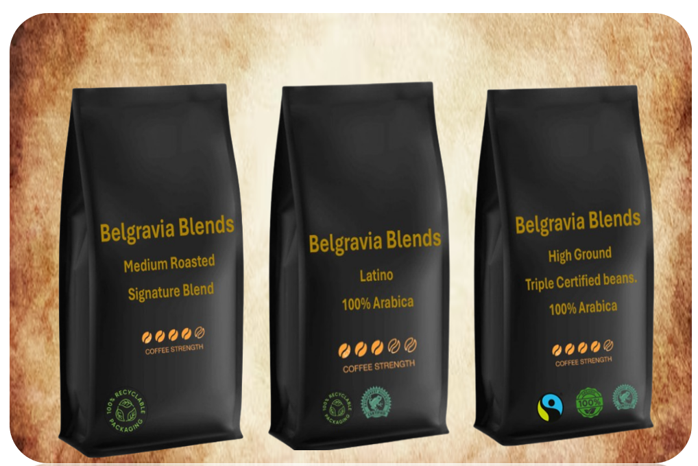 Belgravia Latino Premium Blended, Rain-Forest Alliance Coffee Beans 1kg, 100% Arabica