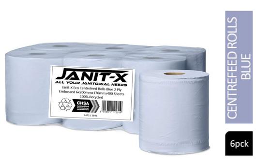 Janit-X Eco 100% Recycled Centrefeed Rolls Blue 6 x 400s CHSA Accredited