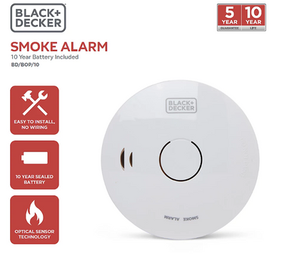 Black + Decker Smoke Alarm |10 Year Sealed Lithium Battery Life | Optical Sensor.