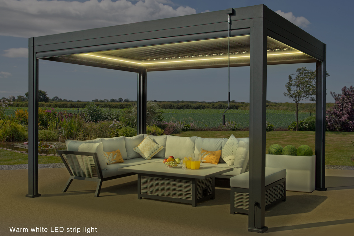 Aluminium Pergola, Louvered Roof, LED Lights & Windproof Sidewalls