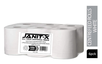 Janit-X Eco 100% Recycled Centrefeed Rolls White 6 x 400s CHSA Accredited