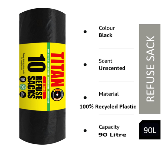 Titan Super Strong Refuse / Bin Sacks Large 90 Litre & 100% Recycled 10's